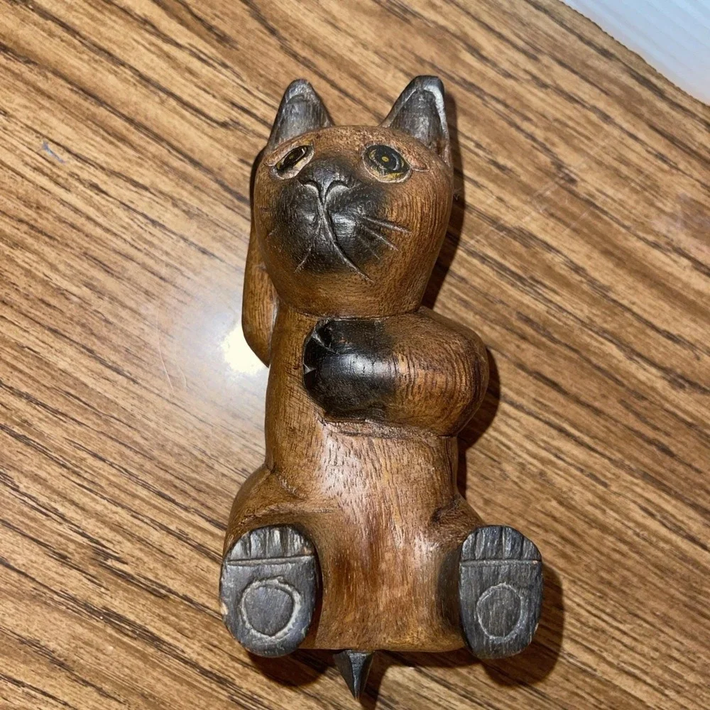 Vintage Hand-Carved Wood Cat Shelf Sitter - Whimsical Reclining Siamese Folk Art